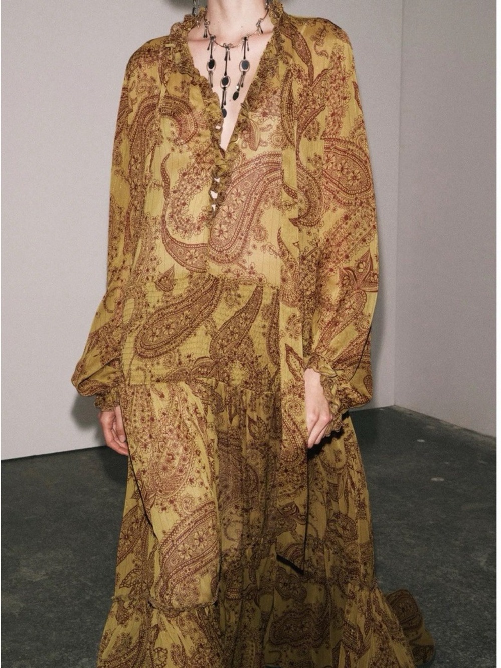 Zara- Bohemian Paisley Long Sleeve Maxi Dress - Olive Brown